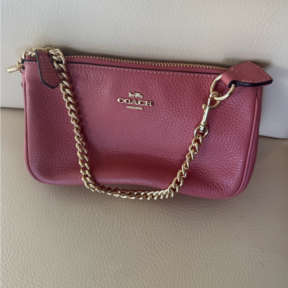 Coach Rose Leather Wristlet with Gold Chain